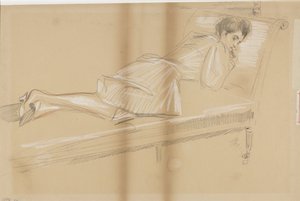 Kvinde liggende fremad på en sofa af Paul Cesar Helleu