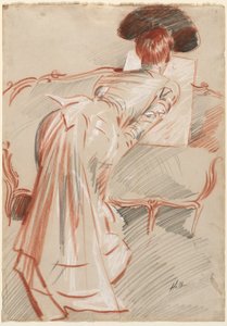 Kvinde (muligvis Madame Alice Hellu) kigger på en tegning, ca. 1895 (sort, rødt og hvidt kridt) af Paul Cesar Helleu