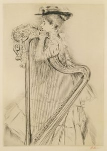 Kvinde med en harpe (tørpunkt) af Paul Cesar Helleu