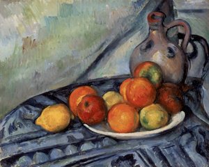 Frugt og en kande på et bord af Paul Cézanne