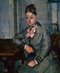 Madame Cezanne læner sig op ad et bord, ca. 1873 (olie på lærred) af Paul Cézanne