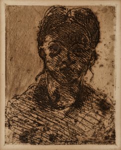 Jomfru hoved. Gravering af Paul Cezanne (1839-1906). Ætsning. Mål: 32,5 x 25 cm. Musee Granet, Aix En Provence. af Paul Cézanne
