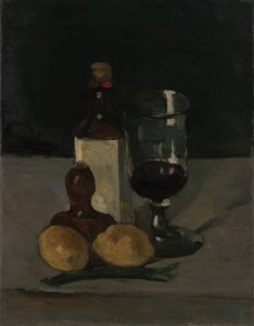 Stilleben med flaske, glas og citroner af Paul Cézanne