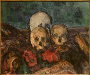 Tre skind på et orientalsk tæppe Maleri af Paul Cezanne (1839-1906) 1898 Solothurn. Kunstmuseum. - Tre kranier på et orientalsk tæppe. Maleri af Paul Cezanne (1839-1906) af Paul Cézanne