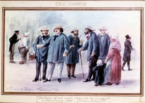 Den franske forfatter Honore de Balzac (1799-1850) og hans venner forklæder sig som bønder i byen Avray i 1840. Akvarel malet efter hukommelsen af Paul Chardin (1833-?) af Paul Chardin