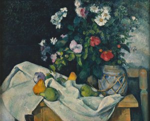 Blomster i en krukke ingefær og frugt af Paul Cézanne