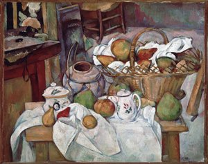 Køkkenbord eller stilleben med kurv - olie på lærred af Paul Cézanne