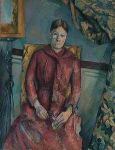 Madame Cézanne Hortense Fiquet, 1850-1922 i en rød kjole, 1888-90. af Paul Cézanne