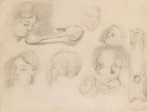 Studier af et barns hoved, et kvindehoved, en ske og et ur, c1872 af Paul Cézanne