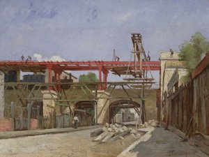 Arbejdere hæver ringvejens jernbanespor på broen i Rue de la Voute, Paris, 1888