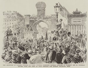 Modtagelse af russiske officerer i Paris, general Chanoine, admiral Avellan, hr. Humbert og hr. Poubelle kører fra Gare de Lyon gennem den russiske triumfbue af Paul Destez