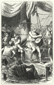 Homer underholder udenlandske sømænd med en sang (gravering) af Paul Dominique Philippoteaux