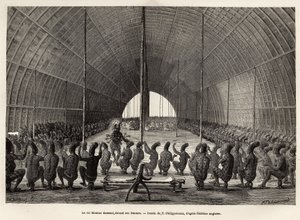 Mounza, konge af Mombouttous (Zaire), danser foran sit serail, sammensat af 80 kvinder, gravering efter tegningen af P.Philippoteaux, der illustrerer en rejse til Afrikas hjerte i 1868-1871 af Dr. George Schweinfurth, udgivet i "" Le tour du m af Paul Dominique Philippoteaux