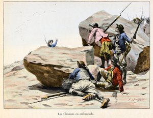 Chouannerie: Les Chouans en ambuscade, slutningen af ​​det 18. århundrede - Illustration af Emile Boutigny (1853-1929) I "" Hoche-Marceau-Desaix "" af Theodore Cahu (1854-1928) - Privat samling - Chouannerie: Illustration af Emile Boutigny (1853) -1929) fo af Paul Émile Boutigny