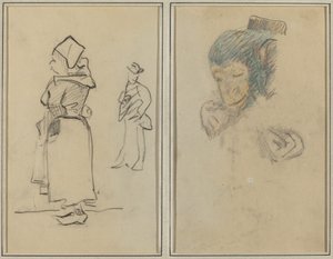 En bretonsk kvinde og en stående mand; Hoved og hånd på en abe [recto] af Paul Gauguin