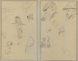 En mand, der læner sig op ad en væg med fem andre undersøgelser; To skæggede mænd iført hatte og fem andre undersøgelser [recto] af Paul Gauguin