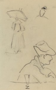 En person, der holder en paraply og en siddende mand med en hat og et glas [verso] af Paul Gauguin