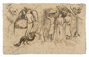 Engel, påfugl og tre tahitianere af Paul Gauguin