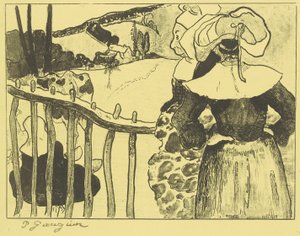 Bretonische Frauen neben einem Zaun af Paul Gauguin