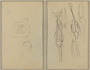 Krøjende abe og mands hoved; Knogler og muskler [verso] af Paul Gauguin