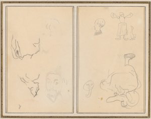Hoved af en mand med en undersøgelse af hans ryg; Forskellige skitser med en bondekone og en gås [recto] af Paul Gauguin