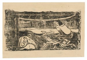 Interiør af en Tahitisk hytte, fra Suite of Late Wood-Block Prints af Paul Gauguin