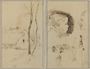Landskab med et sommerhus; Profil af dreng, profil af mand, to kvinder i et landskab og fem andre undersøgelser [verso] af Paul Gauguin