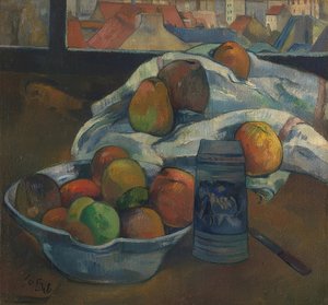 Frugtskål og kande foran et vindue. Sandsynligvis 1890 af Paul Gauguin