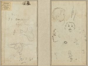 Siddende Figur og en Ko; Tre undersøgelser af et barns hoved af Paul Gauguin