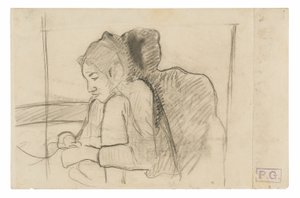 Siddende tahitiansk kvinde (recto), skitser af haner og høns (verso) af Paul Gauguin