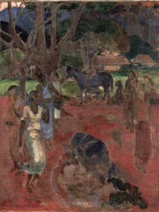 Tahitisk landskab med ni figurer. af Paul Gauguin