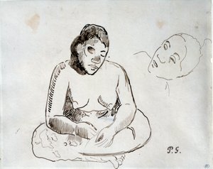 Tahitiansk kvinde siddende Blækstudie af Paul Gauguin (1848-1903) Paris fra det 19. århundrede, Louvre-museet af Paul Gauguin