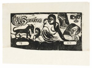 Tre mennesker, en maske, en ræv og en fugl, hovedbeklædning til Le sourire af Paul Gauguin