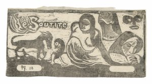 Tre mennesker, en maske, en ræv og en fugl, hovedbeklædning til Le sourire af Paul Gauguin