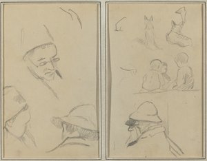 Tre undersøgelser af mænds hoveder, en med briller; Hunde, børn og to skæggede mænd i profil [verso] af Paul Gauguin