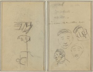 To Figurer og en Bænk; Tre undersøgelser af mænds hoveder og en af en hånd [recto] af Paul Gauguin