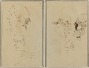 To hovedstudier og en sammenkrøbet nøgen kvinde; To kvinders hoveder og et barns hoved [recto] af Paul Gauguin