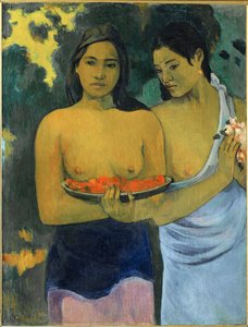 To tahitiske kvinder tilbyder røde frugter og lyserøde blomster (olie på lærred) af Paul Gauguin