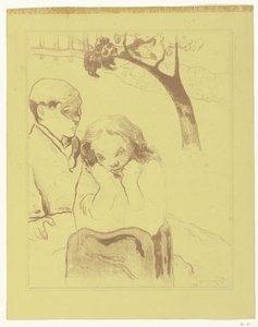 Trist kvinde sidder med en mand Menneskelig lidelse Miseres humaines af Paul Gauguin
