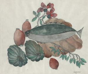 Stilleben: Fisk, blomster og grøntsager