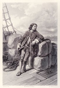 Kaptajn Lemuel Gulliver til søs på sit handelsskib, fra den franske udgave af Gullivers Travels af Jonathan Swift af Paul Gavarni