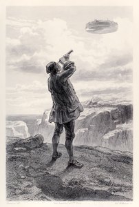 Gulliver ser den flyvende ø Laputa for første gang og undersøger den gennem sit teleskop, fra den franske udgave af Gullivers Travels af Jonathan Swift