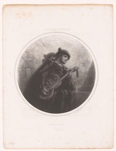 Mand med banjo synger og spiller en serenade Serenade Espagnole (titel på objekt) Illustrationer til sangene af Jeanne Gavarni (serietitel) Illustrations des Mélodies de Madame Jeanne Gavarni (serietitel) af Paul Gavarni