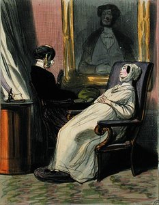 Gravid kvinde med sin mor (farve litho) af Paul Gavarni