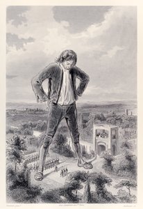 Den Lilliputianske hær marcherer mellem benene på Gulliver, fra den franske udgave af Gullivers Travels af Jonathan Swift af Paul Gavarni