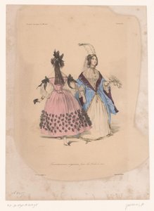 To kvinder i balkjoler Transvestissemens originaux pour les Bals de 1834 (titel på objekt) Fantasifuldt tøj (serietitel) Fantaisies (serietitel på objekt) af Paul Gavarni