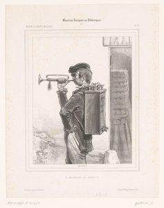 Sælger af haner spiller trompet Le marchand de robinets (titel på objekt) Komiske musikere (serietitel) Musicians Comiques ou Pittoresques (serietitel på objekt) af Paul Gavarni