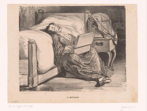 Kvinde i morgenkåbe med serinette La musique (titel på objekt) Muses (serietitel) Les Muses (serietitel) af Paul Gavarni
