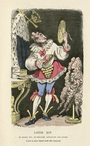 Illustration af Hadol (1835-1875) i Histoire de France tintamarresque, ca. 1880 - Makeup, Gammelt regime, Sol, paryk - Ludvig XIV
