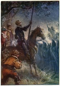 Så rejste figuren i kjolen sig op, illustration fra "The Adventures of Don Quixote", udgivet af G. Bell und Sons, Ltd., 1911 af Paul Hardy